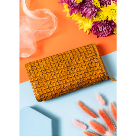 Senfgelbe Damen Geldbörse mit geometrischem Muster aus Echtleder – Rovicky