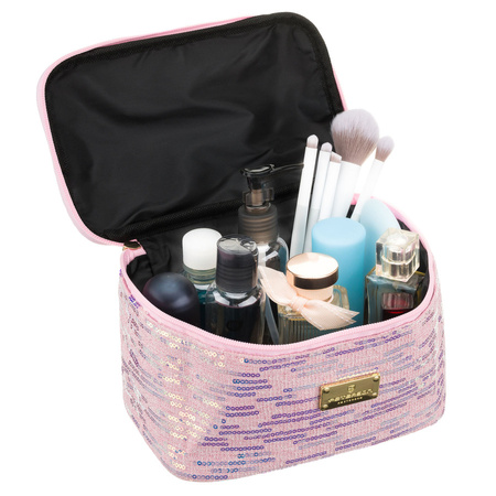 Reise-Kosmetiktasche aus synthetischem Stoff in Rosa, verziert mit Pailletten - Peterson