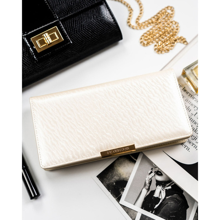 Damen-Geldbörse aus ökologischem Leder in Ecru, mit Druckknopf und Reißverschluss verschließbar - Peterson