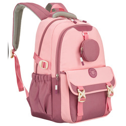 Geräumiger Schulrucksack aus Polyester in Rosa, aufgehängt an verstellbaren Trägern – Peterson