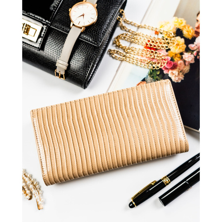 Beige Damen-Geldbörse aus Leder mit Magnet- und Reißverschluss, verziert mit einem Geflecht – Peterson