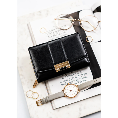 Damen-Geldbörse aus Öko-Leder, schwarz, querformatig, mit Druckknopfverschluss – Peterson