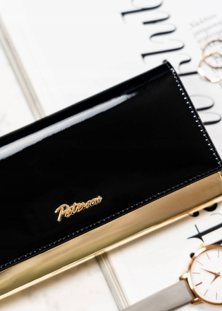Große Damen Geldbörse in Schwarz-Gold aus echtem Leder mit Druckknopf – Peterson