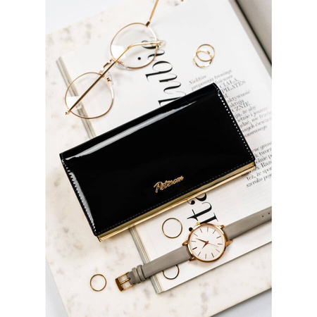 Schwarz-goldene, elegante Damen Geldbörse mit Druckknopfverschluss – Peterson