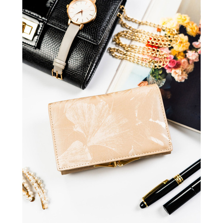 Beige Damen-Geldbörse aus Natur- und Öko-Leder mit Pflanzenmuster, verschließbar mit Bügel und Druckknopf - Peterson