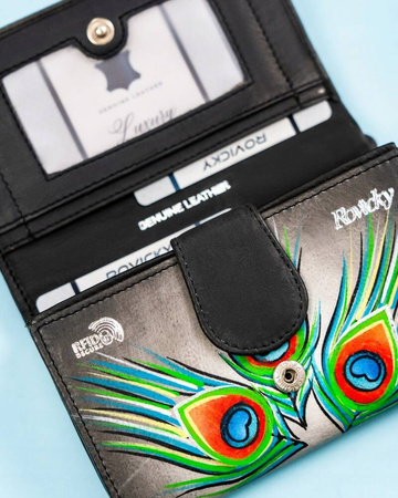 Geräumige Damen Geldbörse aus Leder mit Pfauenfeder-Muster – Rovicky