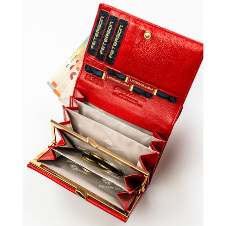 Horizontale, rote Damen-Geldbörse aus Natur- und Öko-Leder mit Druckknopfverschluss – Peterson