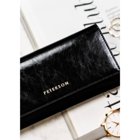 Große Damen Geldbörse aus Leder in Schwarz mit Druckknopfverschluss – Peterson