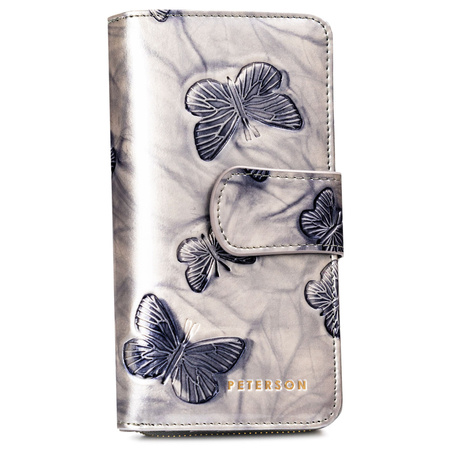 Große, vertikale Damen Geldbörse aus echtem Leder in Silber mit geprägten Schmetterlingen – Peterson