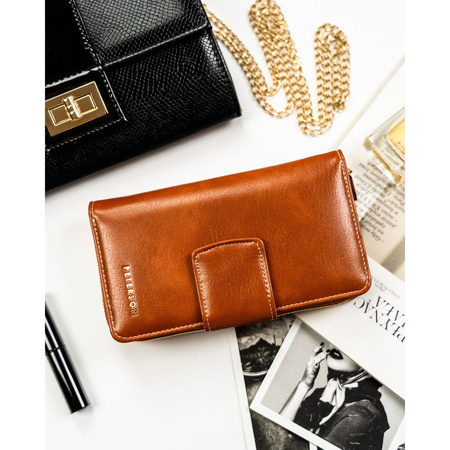 Braune, vertikale Damen Geldbörse aus Öko-Leder mit Druckknopf- und Reißverschluss – Peterson