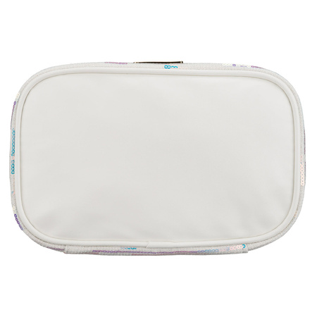 Weiße Kosmetiktasche aus synthetischem Stoff, verziert mit Pailletten, ausgestattet mit einem bequemen Griff - Peterson