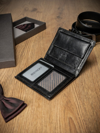 Vertikale Herren Geldbörse aus schwarzem Echtleder ohne Verschluss – Rovicky