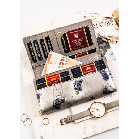 Geräumige Damen Geldbörse aus echtem Leder in Silber mit Druckknopf – Peterson