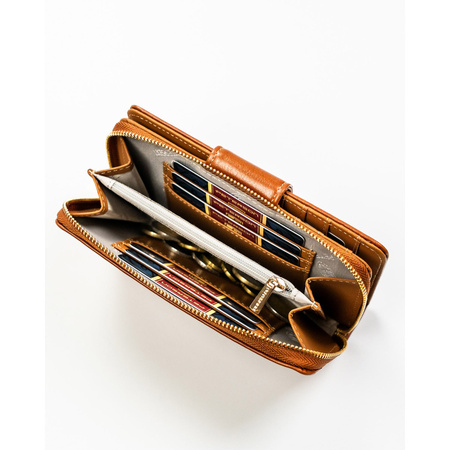 Braune, vertikale Damen Geldbörse aus Öko-Leder mit Druckknopf- und Reißverschluss – Peterson