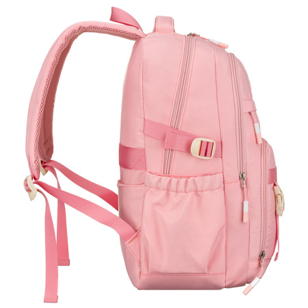 Modischer Schulrucksack aus Polyester in Rosa, an verstellbaren Trägern hängend - Peterson