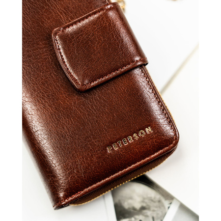 Dunkelbraune Damen Geldbörse aus Öko-Leder mit Druckknopf- und Reißverschluss – Peterson
