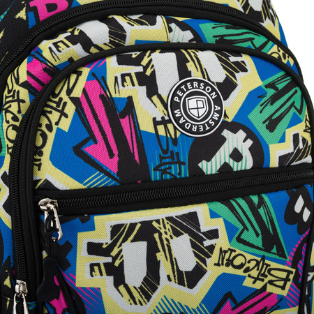 Jugendrucksack für die Schule, aus Polyester mit einem Graffiti-Muster genäht, an verstellbaren Trägern aufgehängt - Peterson