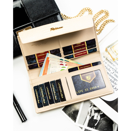 Horizontale Damen-Geldbörse aus Öko-Leder in Beige mit Krokodil-Prägung – Peterson