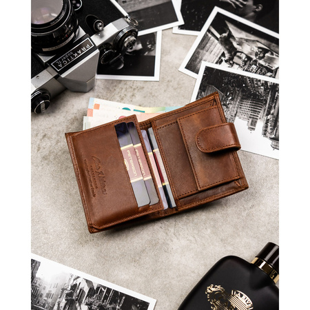 Hellbraune Herren-Geldbörse aus Leder mit RFID-System, mit Druckknopfverschluss – Peterson