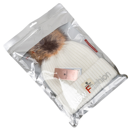 Warme weiße Damen Mütze mit Fellbesatz – Peterson