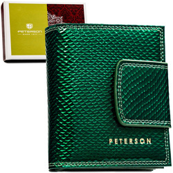 Damen Geldbörse aus grünem Echtleder mit Druckknopf- und Bügelverschluss – Peterson