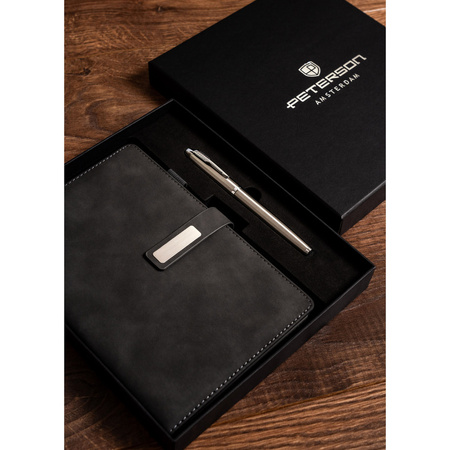 Geschenkset: Schwarzes Notizbuch A5 mit Linien und schwarzer Kugelschreiber – Peterson