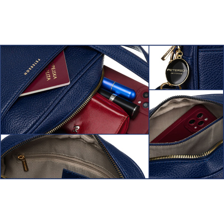 Moderne dunkelblaue Damen City-Umhängetasche mit zwei Schulterriemen und Anhänger aus Öko-Leder – Peterson