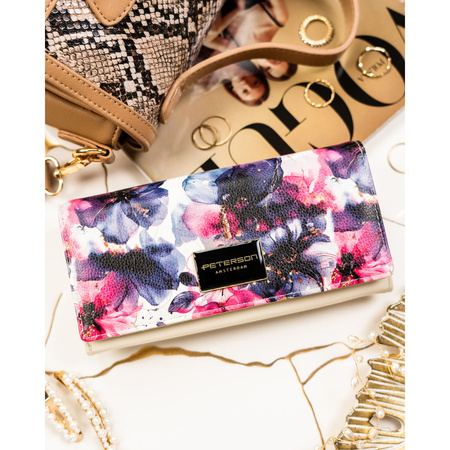 Elegante Damen-Geldbörse mit Blumenmuster aus Natur- und Öko-Leder mit Druckknopfverschluss - Peterson