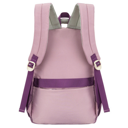 Weicher Schulrucksack aus Polyester in weiß-lila Farbe, aufgehängt an verstellbaren Trägern - Peterson