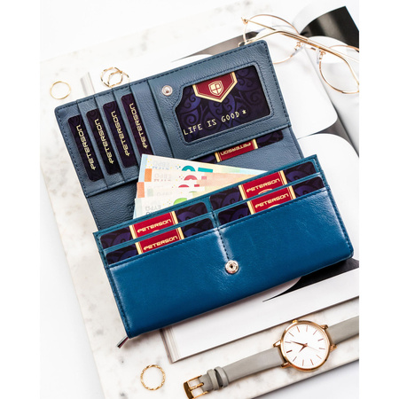 Blauer Damen-Geldbörse aus echtem und Öko-Leder mit Druckknopfverschluss - Peterson