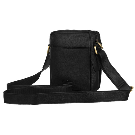 Schwarze Herren-Umhängetasche mit zwei Fächern aus Leder, aufgehängt an einem verstellbaren Gürtel – Peterson