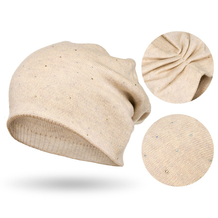 Beige Slouchy Damen Mütze mit Kristallen – Peterson