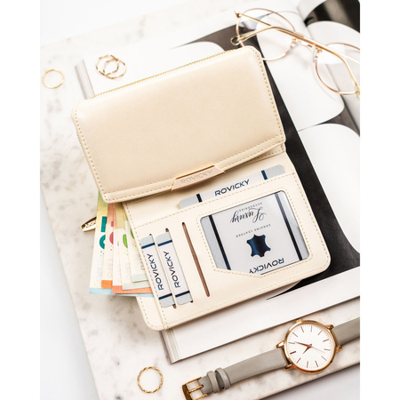 Mittelgroße Damen-Geldbörse aus Öko-Leder in Beige, Modell mit Platz für Fahrzeugschein - Rovicky
