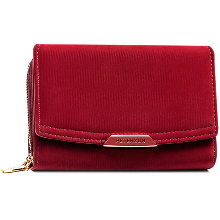 Horizontale Damen-Geldbörse aus Öko-Leder in Bordeauxrot, mit Reißverschluss und Druckknopf geschlossen - Peterson