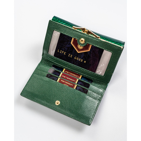 Mittelgroße Damen Geldbörse mit Bügel- und Druckknopfverschluss aus grünem Echtleder – Peterson