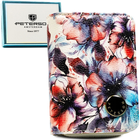 Damen-Geldbörse mit Blumenmuster aus Natur- und Öko-Leder, mit Druckknopf und Reißverschluss verschließbar – Peterson