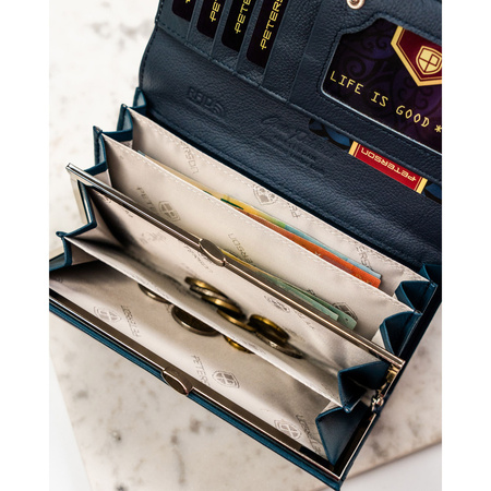 Große, horizontale Damen-Geldbörse aus echtem und Öko-Leder in Marineblau – Peterson