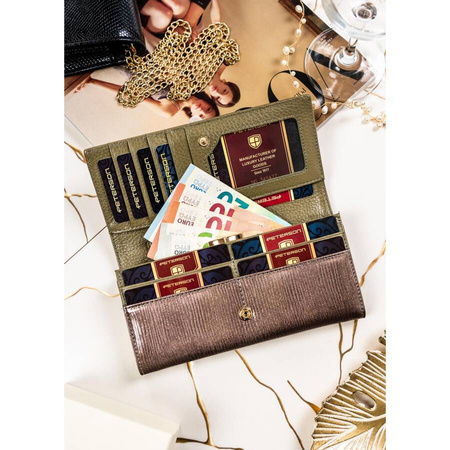 Graue Damen Geldbörse aus lackiertem Echtleder mit Druckknopf – Peterson