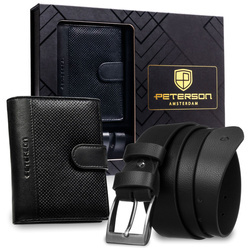 Geschenkset: vertikale Herren-Geldbörse aus Leder in Schwarz und schwarzer Gürtel aus Öko-Leder - Peterson