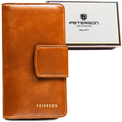 Braune, vertikale Damen Geldbörse aus Öko-Leder mit Druckknopf- und Reißverschluss – Peterson