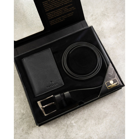 Geschenkset: vertikale Herren-Geldbörse aus Leder in Schwarz mit RFID-System und Gürtel aus Öko-Leder - Peterson