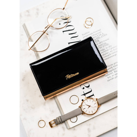 Damen Geldbörse aus echtem Leder in Schwarz-Gold mit Reißverschlusstasche – Peterson