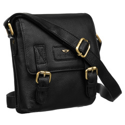 Schwarze Herren-Umhängetasche aus Naturleder mit Reißverschluss und Druckknöpfen - Peterson