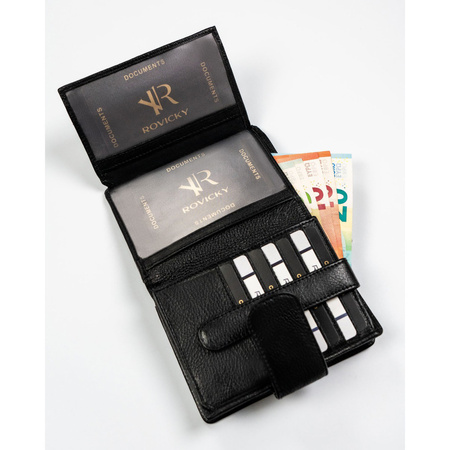 Schwarze Damen Geldbörse im Hochformat aus Leder mit Druckknopf – Rovicky