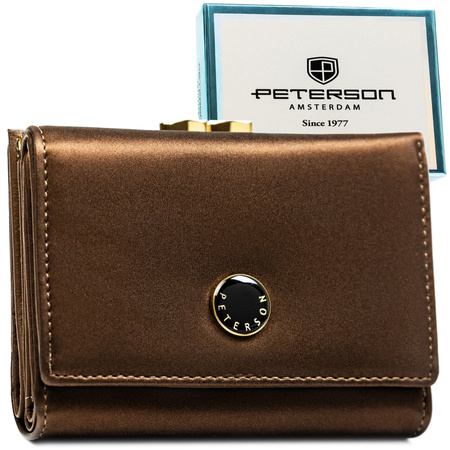 Mittelgroße Damen-Geldbörse aus Natur- und Öko-Leder in brauner Farbe, mit Bügel und Druckknopf verschließbar – Peterson