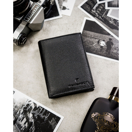 Geschenkset: vertikale Herren-Geldbörse aus Leder in Schwarz mit RFID-System und Gürtel aus Öko-Leder - Peterson