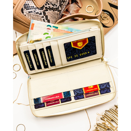 Damen-Geldbörse-Federmäppchen mit Blumen aus Natur- und Öko-Leder mit Reißverschluss – Peterson