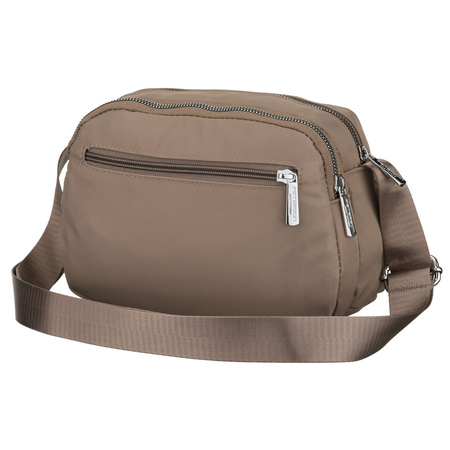 Beigefarbene, handliche Damen-Umhängetasche aus Polyester, aufgehängt an einem breiten Gürtel – Peterson