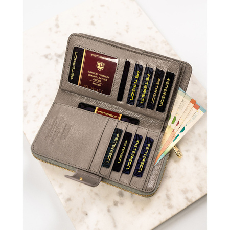 Große, vertikale Damen Geldbörse aus echtem Leder in Silber mit geprägten Schmetterlingen – Peterson