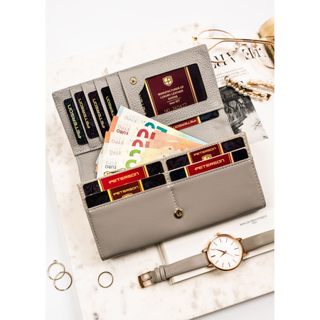 Große, horizontale Damen Geldbörse aus Echtleder mit Druckknopf und Bügelverschluss – Peterson